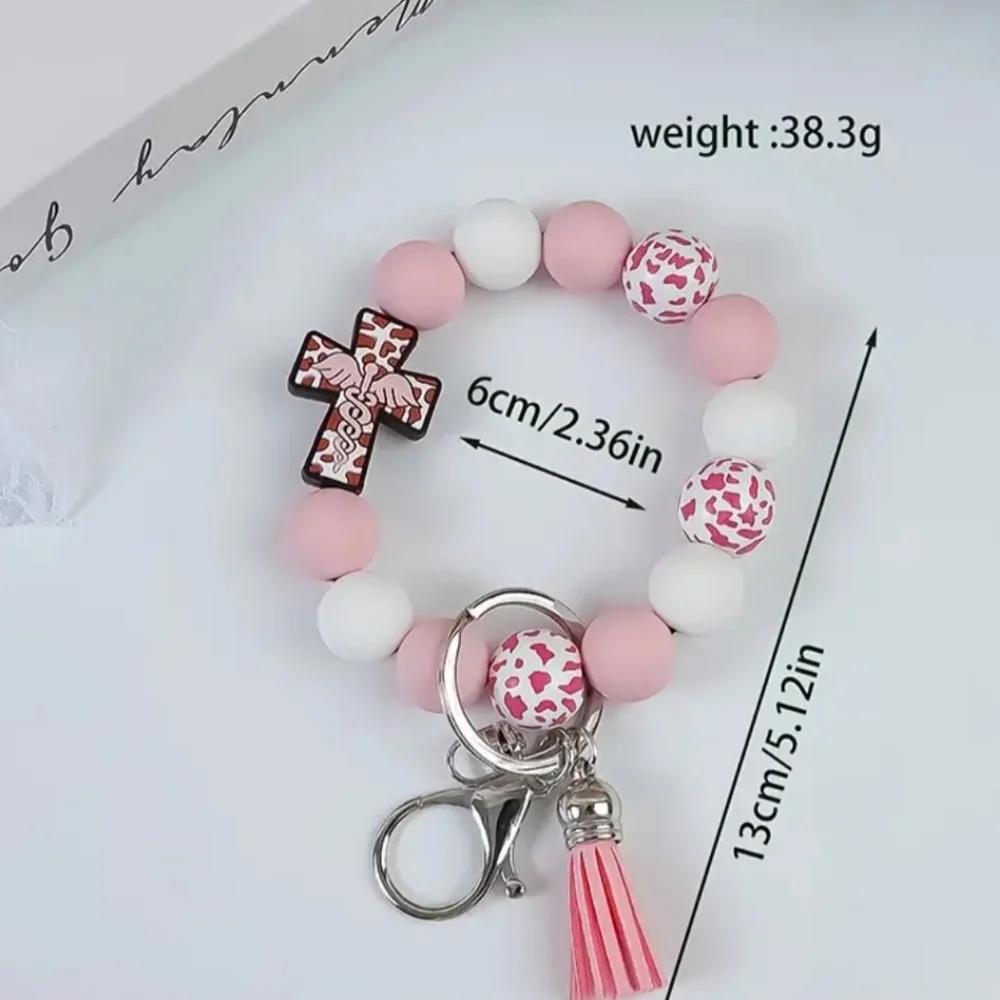 Orange Beaded Bag Charm/ Keychain Bracelet with Cross Charms